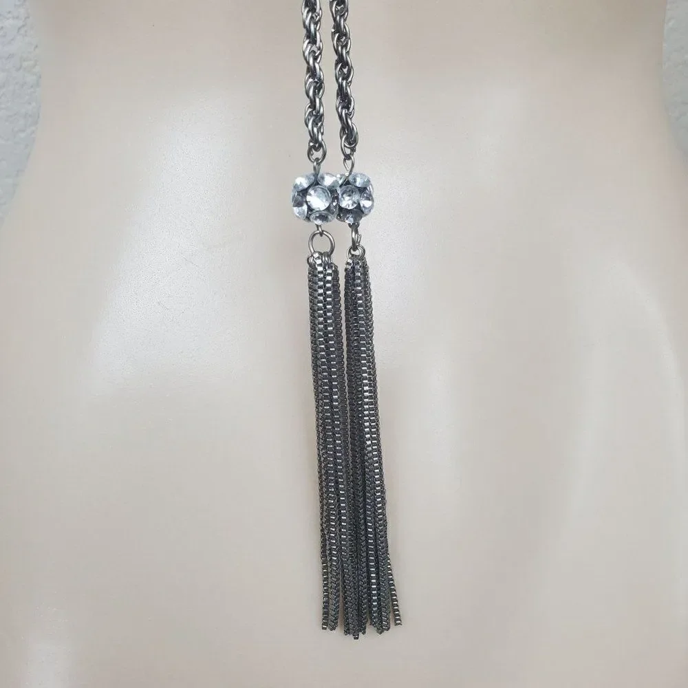 Vintage Silver Tone Rope Chain Box Tassel Round Clear Ball Lariat Opera Necklace
